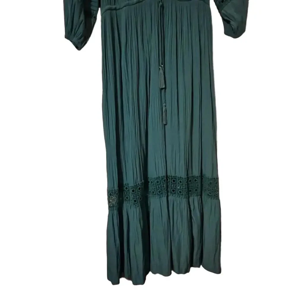 Chicos Maxi Dress 12 Green Bohemian Flowy Waist Tiered Lace - Picture 5 of 9